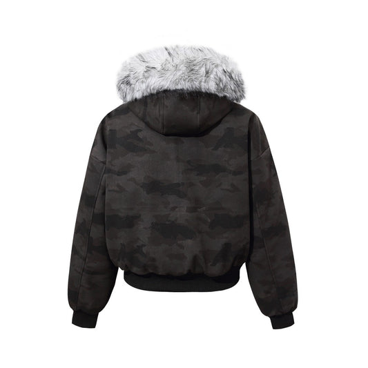 Camouflage Fake Fur Collar Multi-Zipper Short Puffer Jacket WN27891