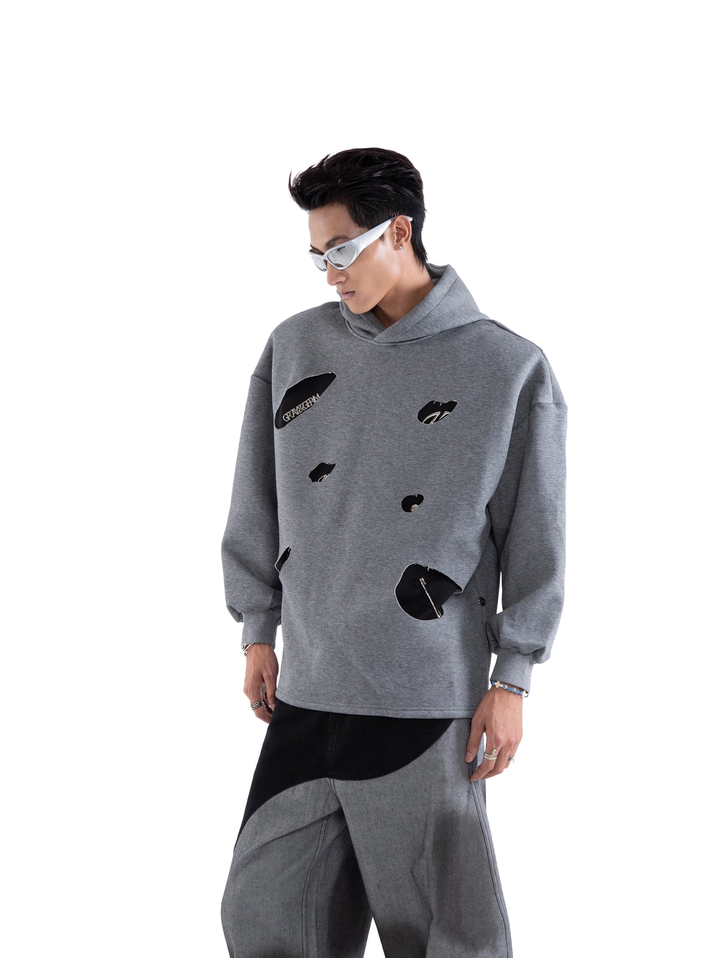 Asymmetrical Rivet Damage Zipper Hoodie WN20650