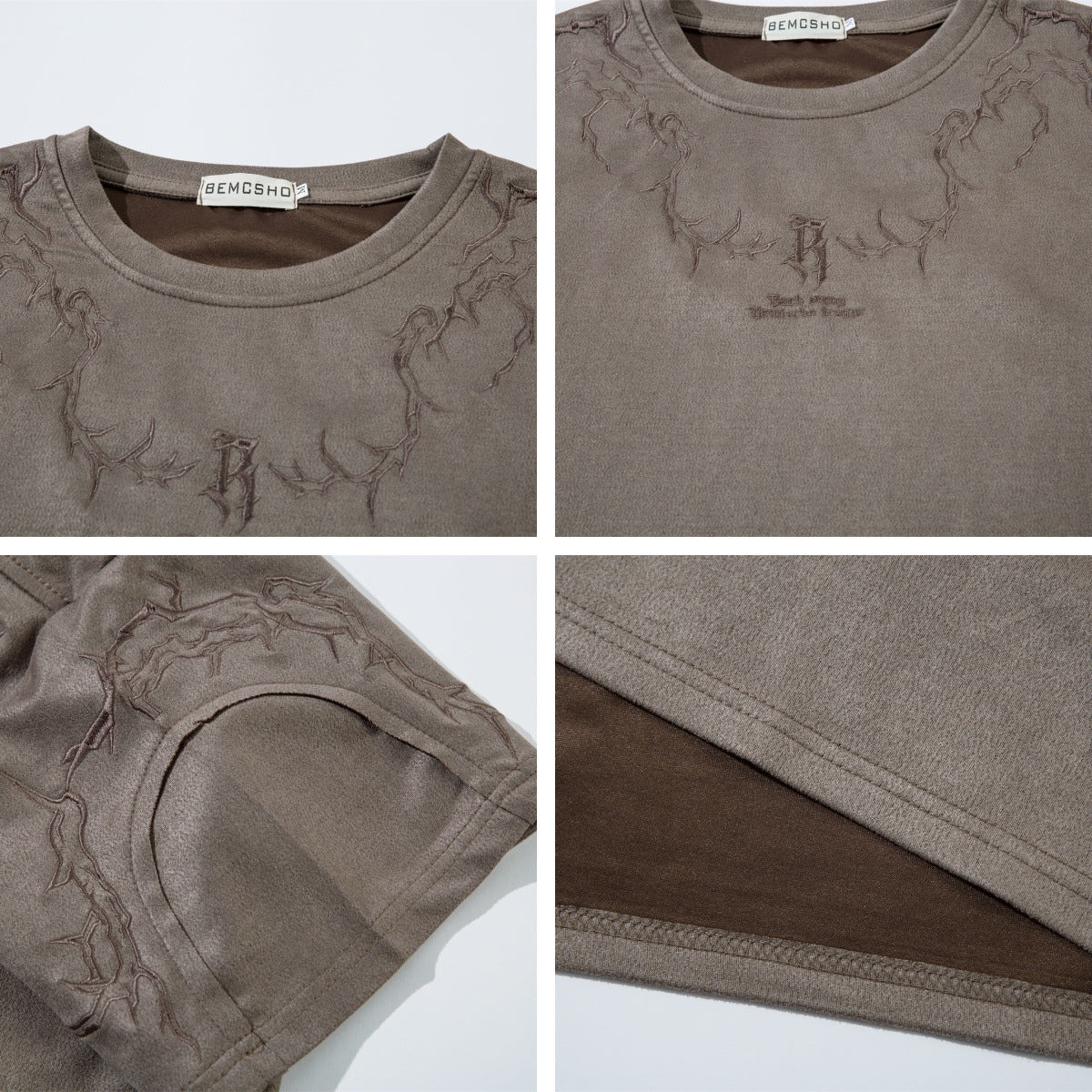 3D Embroidery Suede Oversize Short Sleeve T-Shirt WN15078