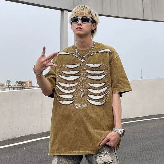Skeleton Print Washed Oversize Short Sleeve T-Shirt WN24282