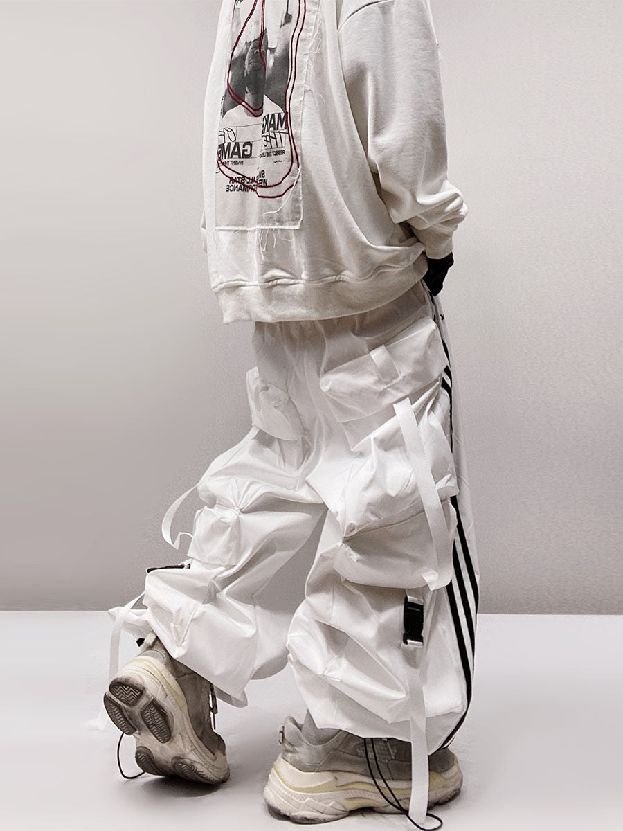 Three Stripe Multi Pocket Elastic Hem Wide Leg Cargo Pants WN24000