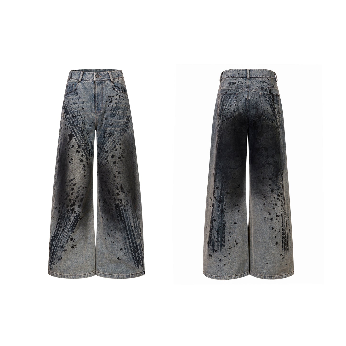 Tire Print Hight Neck Shoulder-pad Damage Denim Jacket & Denim Jeans Setup WN21793