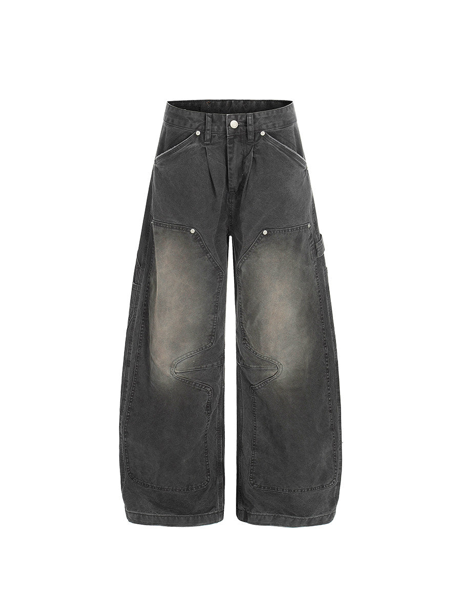 Deconstructed Patchwork Wash Curved Wide Leg Denim Jeans WN24230