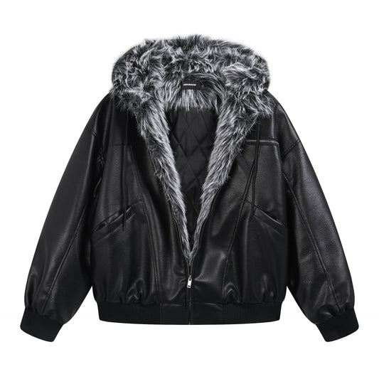 Hooded Fake Fur Lining Zip-Up PU Leather Jacket WN23081