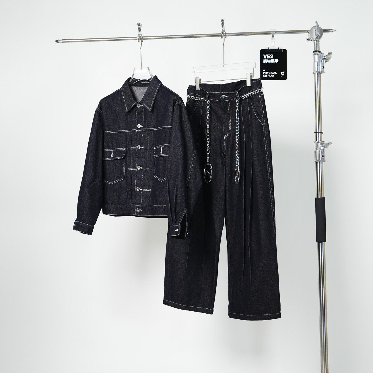 Contrast Stitch Short Jacket & Wide Leg Denim Jeans Setup WN24140