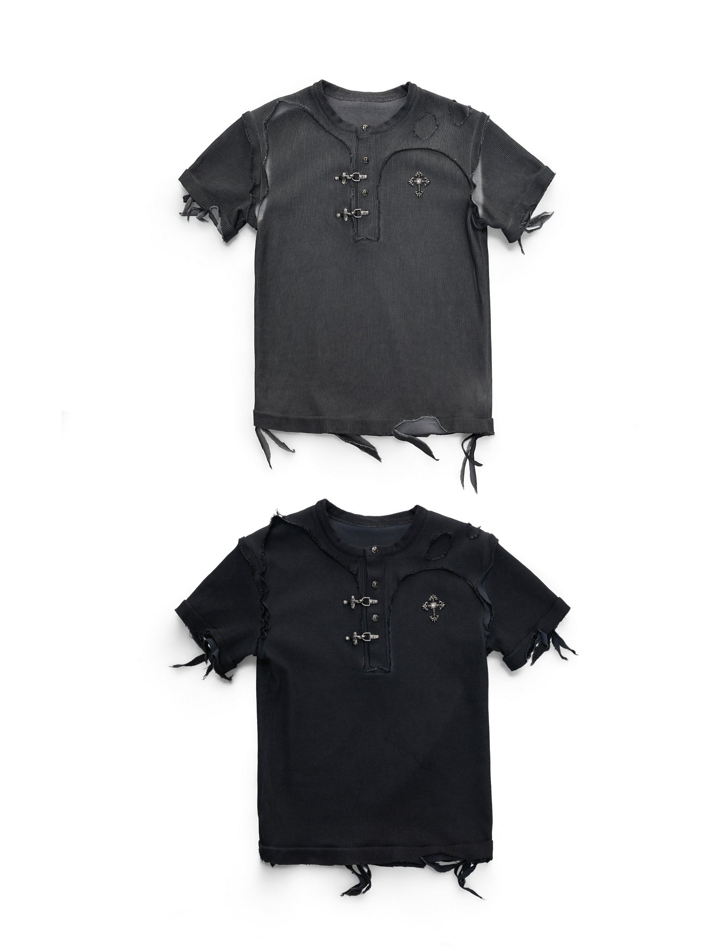 Henley-Neck Ribbed Damage Raw-Edge Short Sleeve T-Shirt WN27026