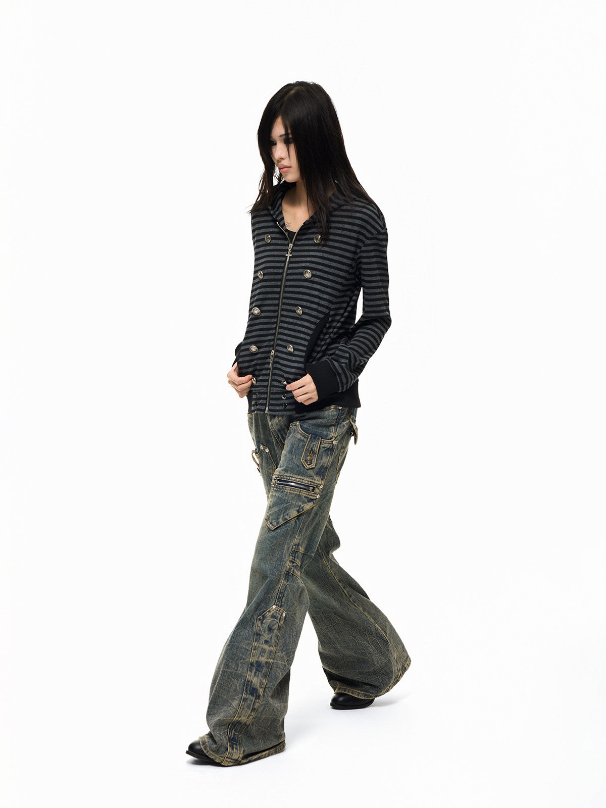 Stripe Decorative Button Cross Zipper Pull Zipper Hoodie WN27308