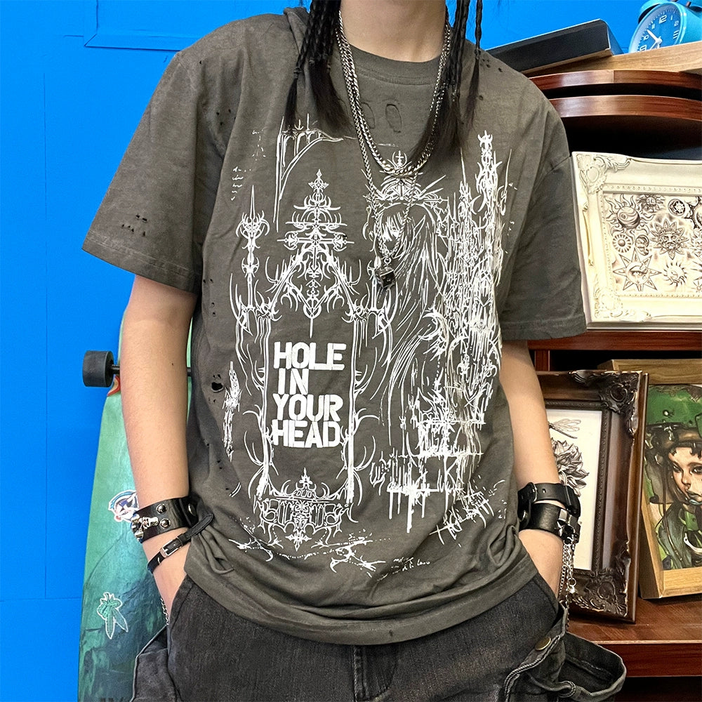 Washed Art Print Damage Short Sleeve T-Shirt WN16746