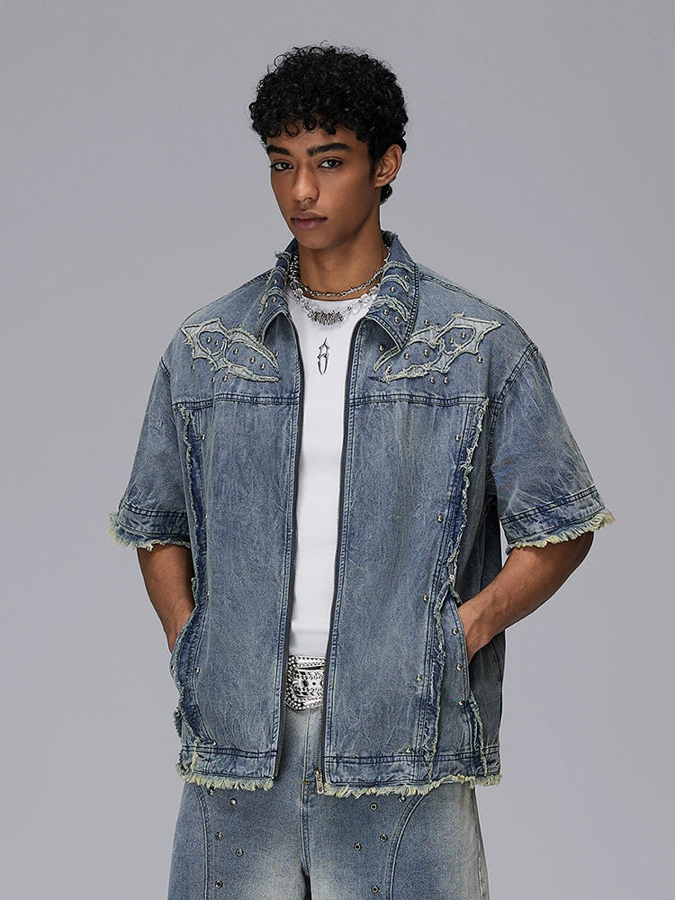 Wave Wash Damage Design Oversize Zipper Short Sleeve Shirt WN17867