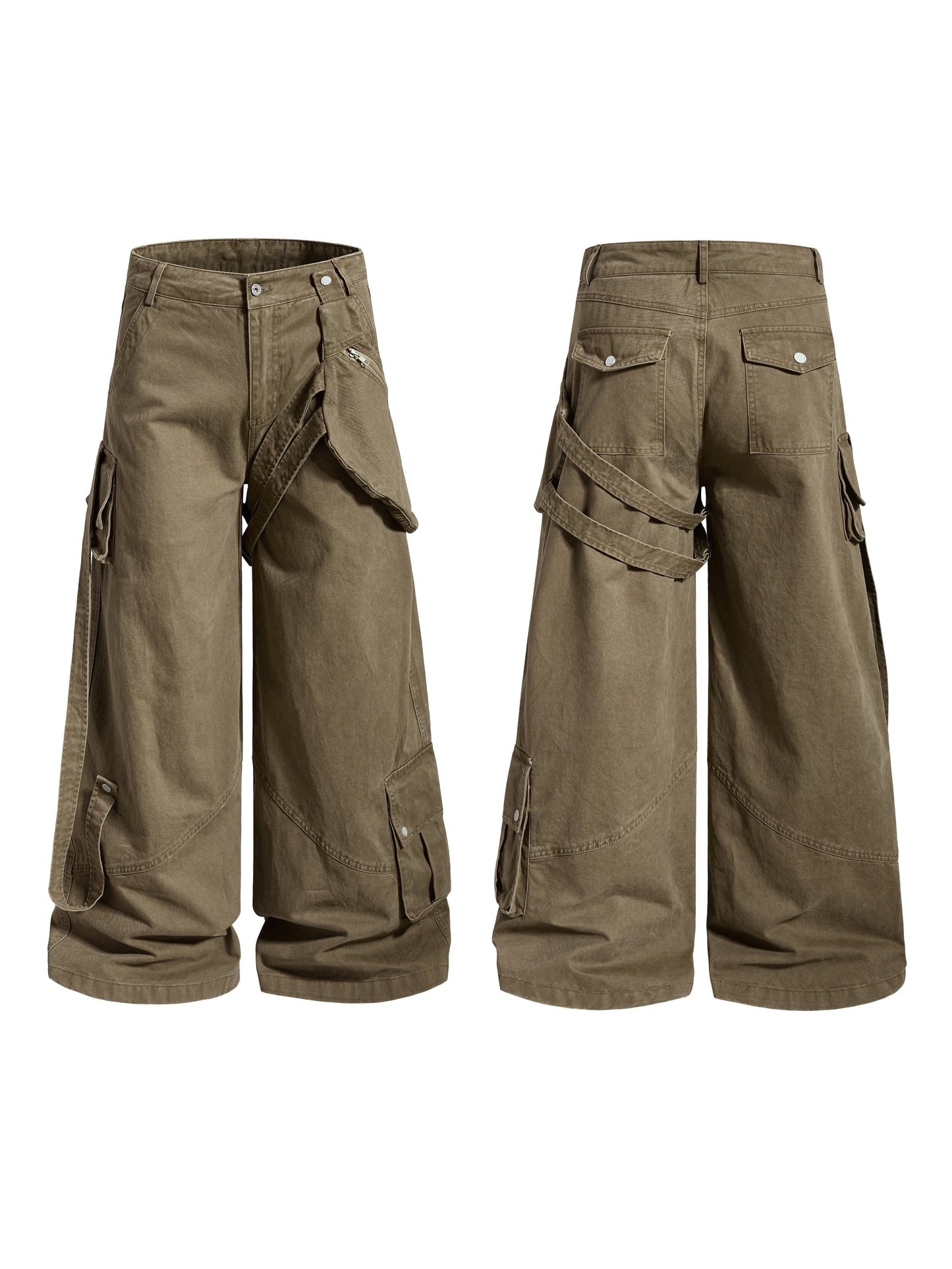 Detachable Hip Bag Ribbon Patchwork Multi Pocket Straight Cargo Pants WN22915