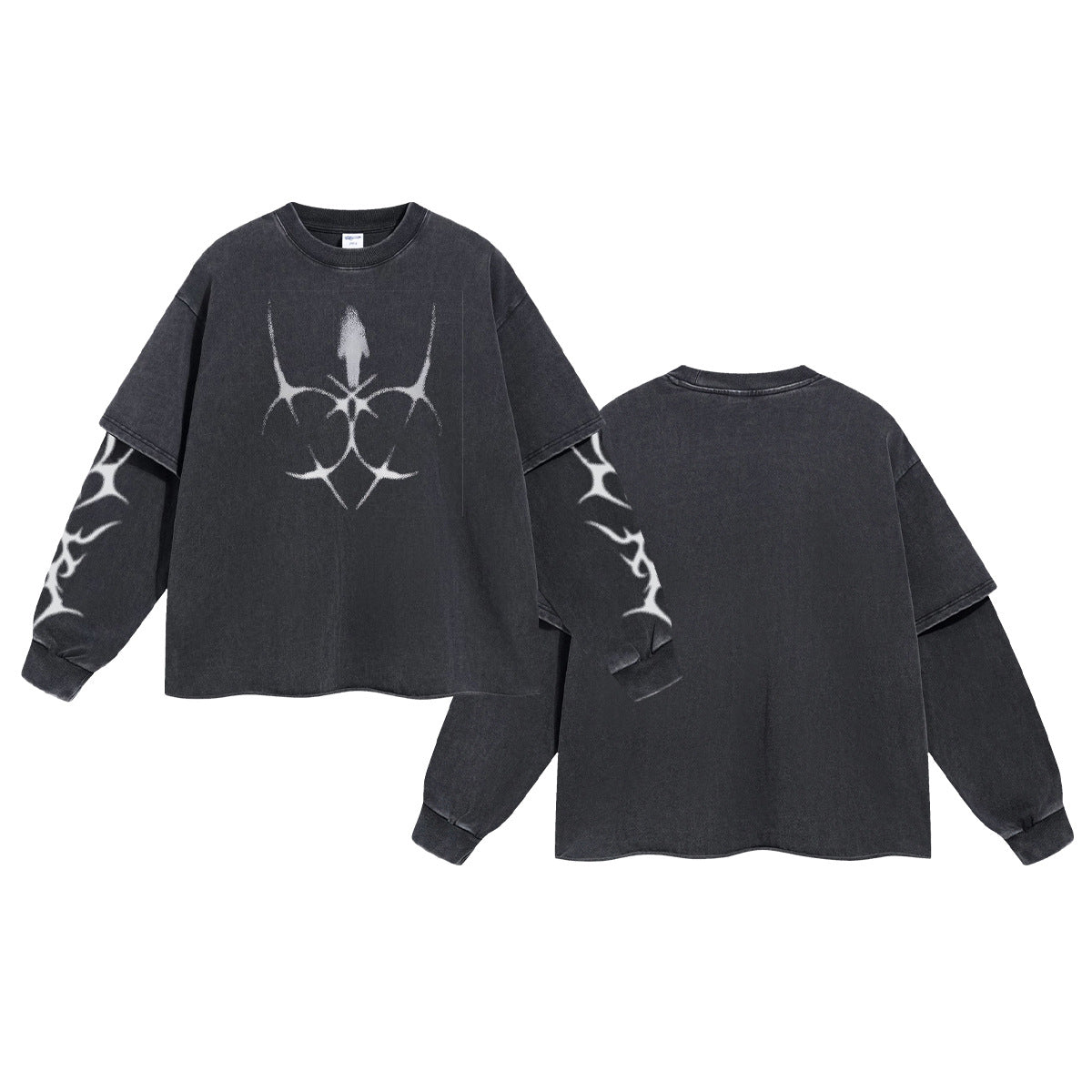 Washed Fake Layered Round Neck Print Long Sleeve T-Shirt WN7817