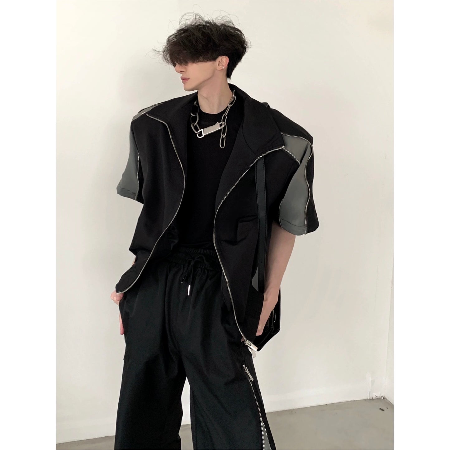 Shoulder Pad Short Sleeve ZIpper Shirt & Zipper Design Trousers Setup WN5968