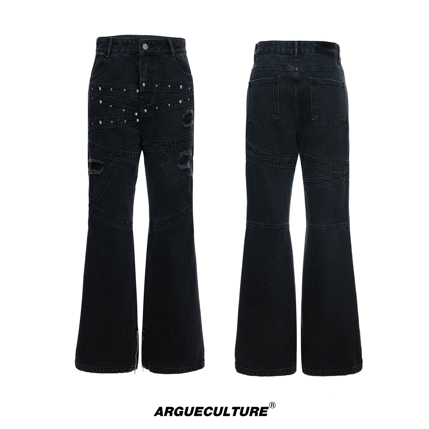 Wash Rivet Damage Patchwork Flare Denim Jeans WN23551