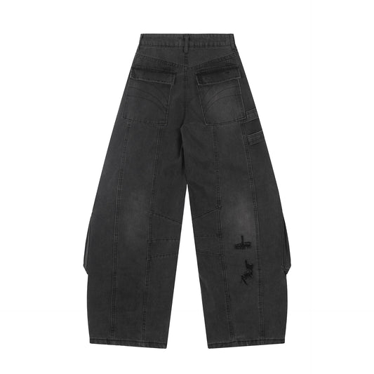 Washed Curved Multi Pocket Wide Leg Cargo Denim Jeans WN25736