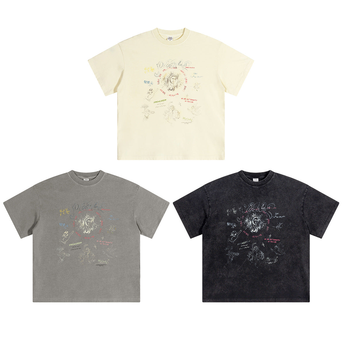 Washed Angel Print Round Neck Short Sleeve T-Shirt WN7833