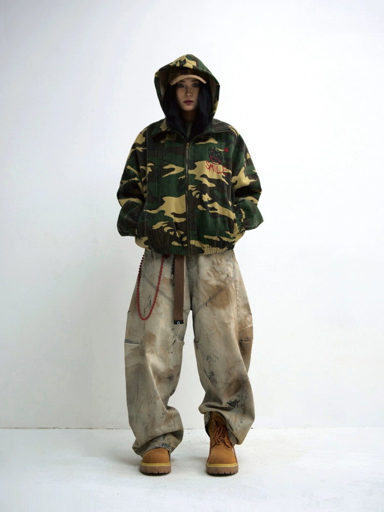 Mud Dye Heavy Wash Wide Leg Curved Hem Denim Jeans WN18178