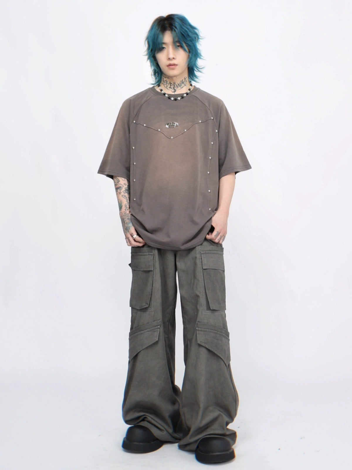 Metal Rivet Design Oversize Short Sleeve T-Shirt WN5862
