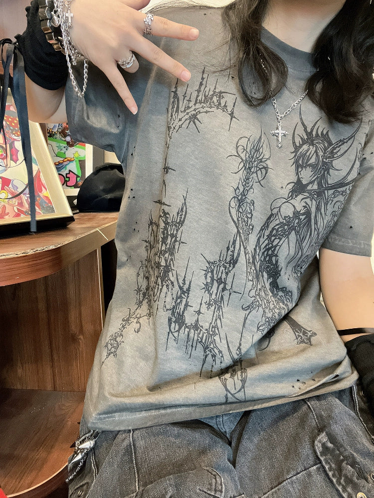 Ilustration Print Damage Oversize Short Sleeve T-Shirt WN16737