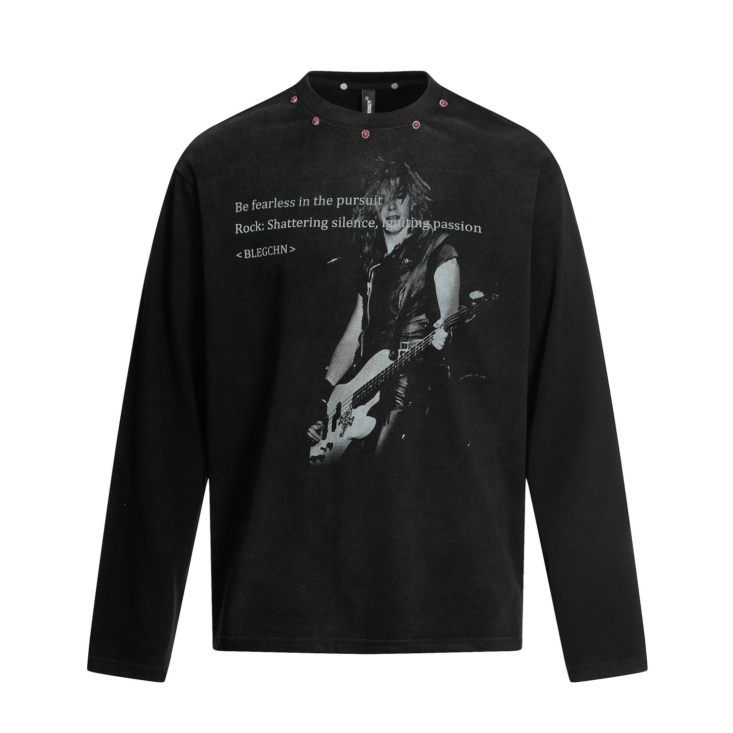 Washed Digital Portrait Slogan Print Stud Long Sleeve T-Shirt WN20559