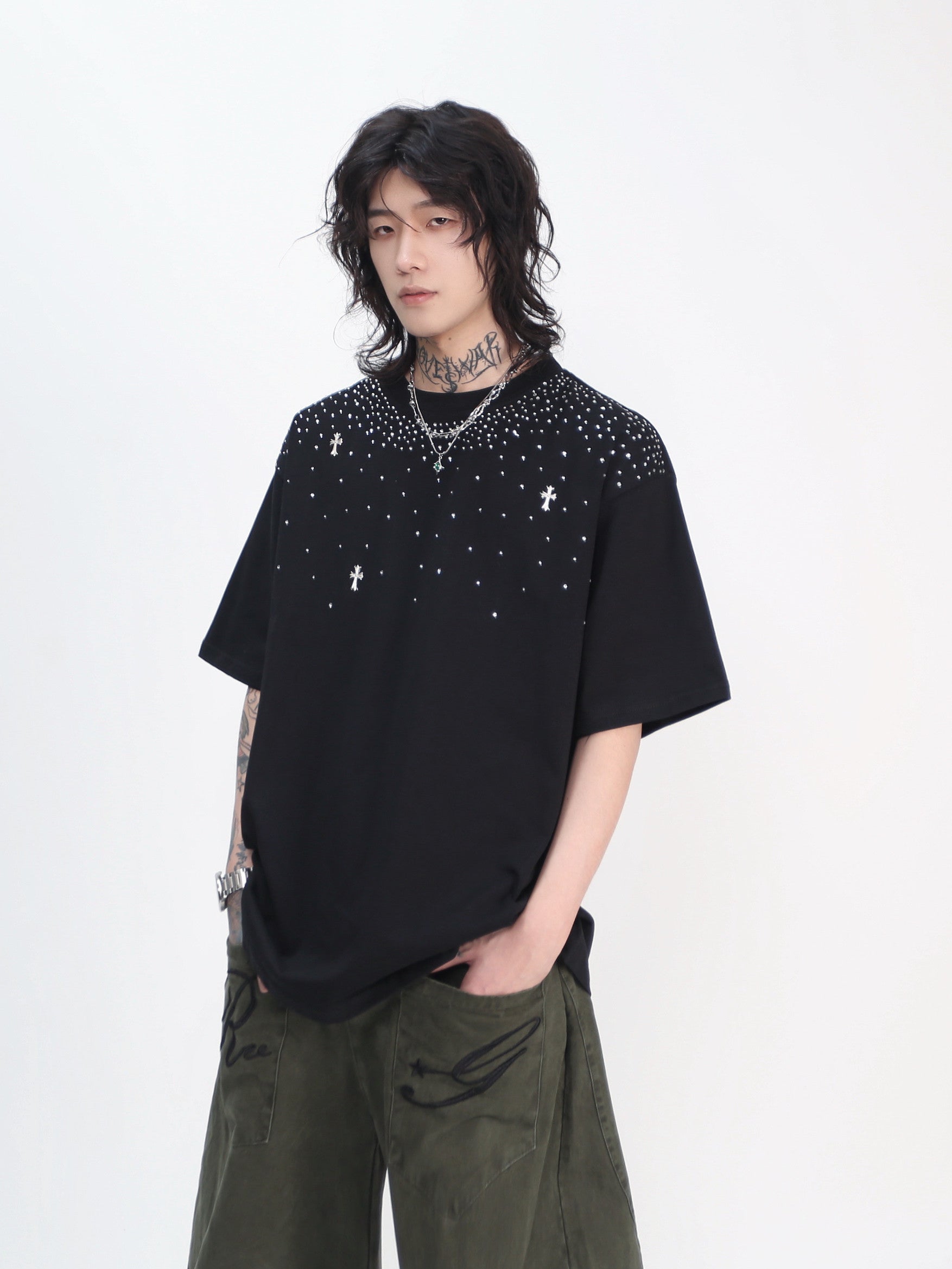 Oversize Rhinestone Cross Print Short Sleeve T-Shirt WN24445