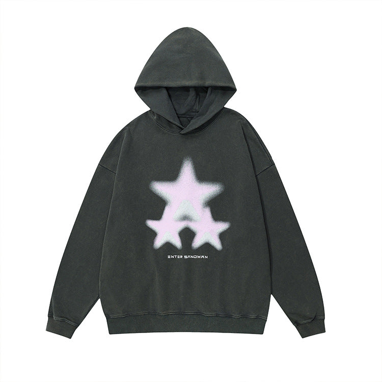 Washed Print Fleece Linning Pullover Hoodie WN12347
