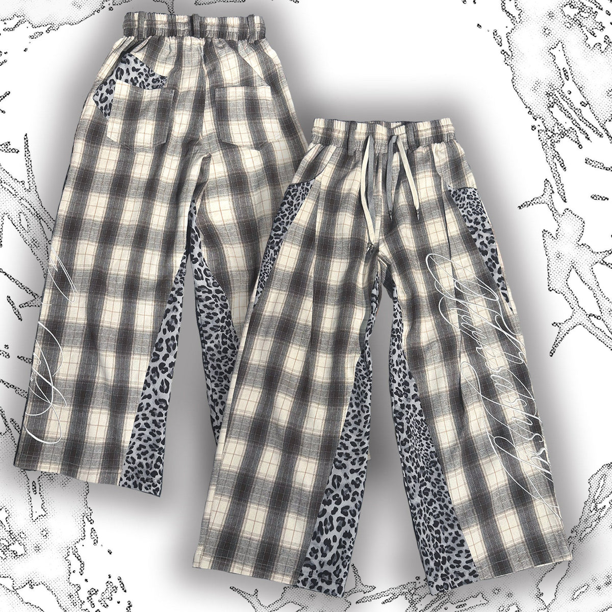 Plaid Leopard Panel Letter Print Wide Leg Pants WN27383