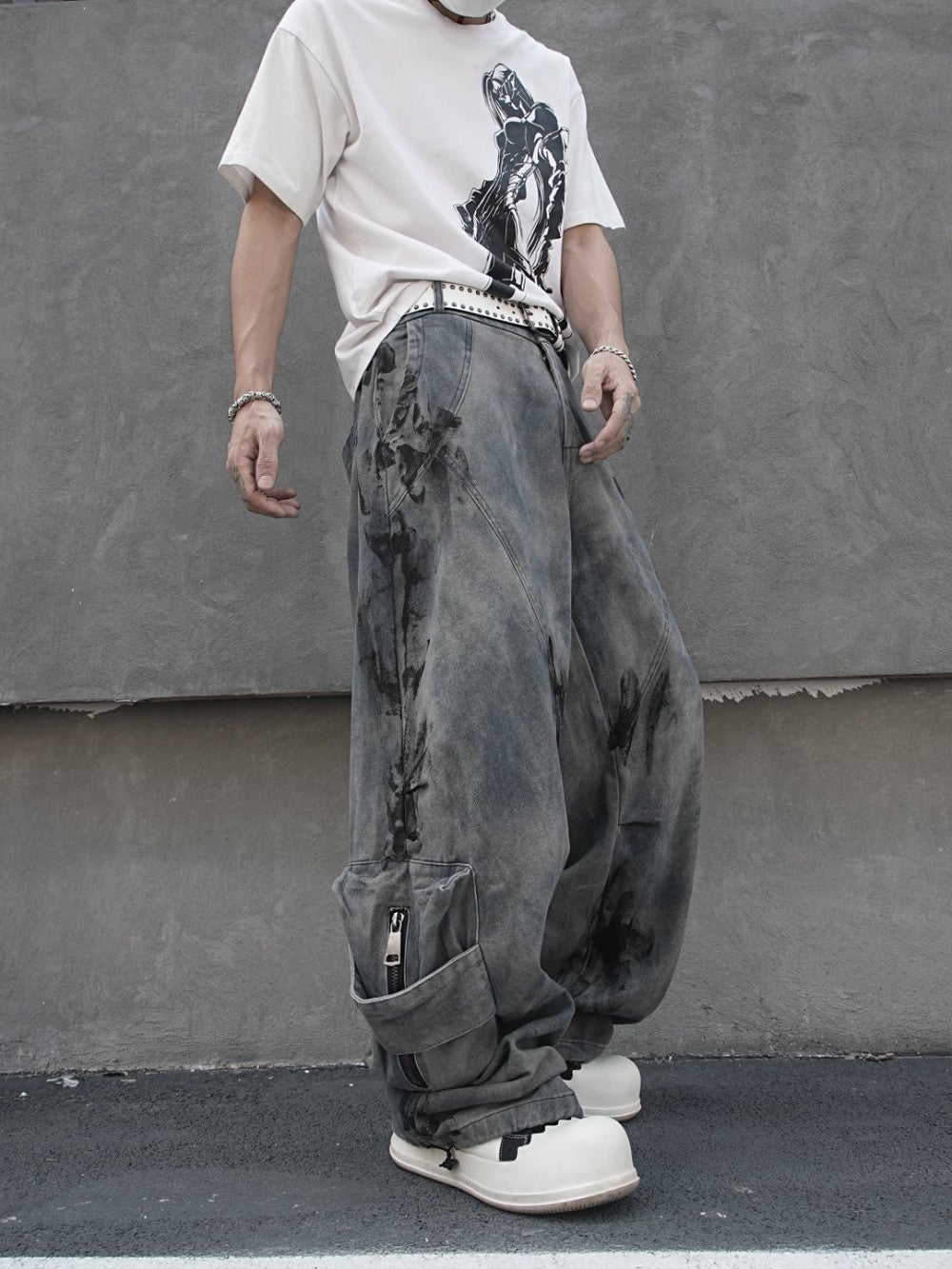 Tie-Dye Multi-Pocket Wide Leg Denim Jeans WN27857