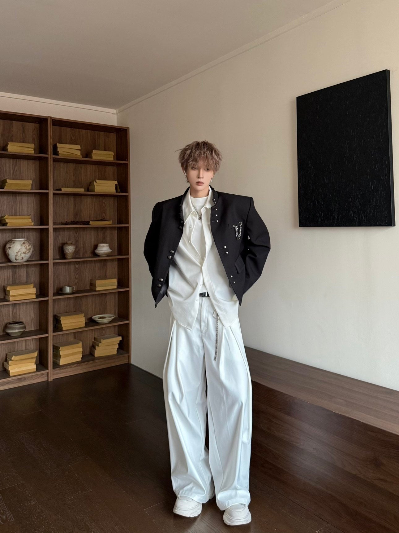 Metal Buckle Standing-Collar Shoulder-Pad Tailored Jacket WN23177