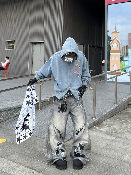 Wash Damage Oversize Zipper Hoodie WN24079