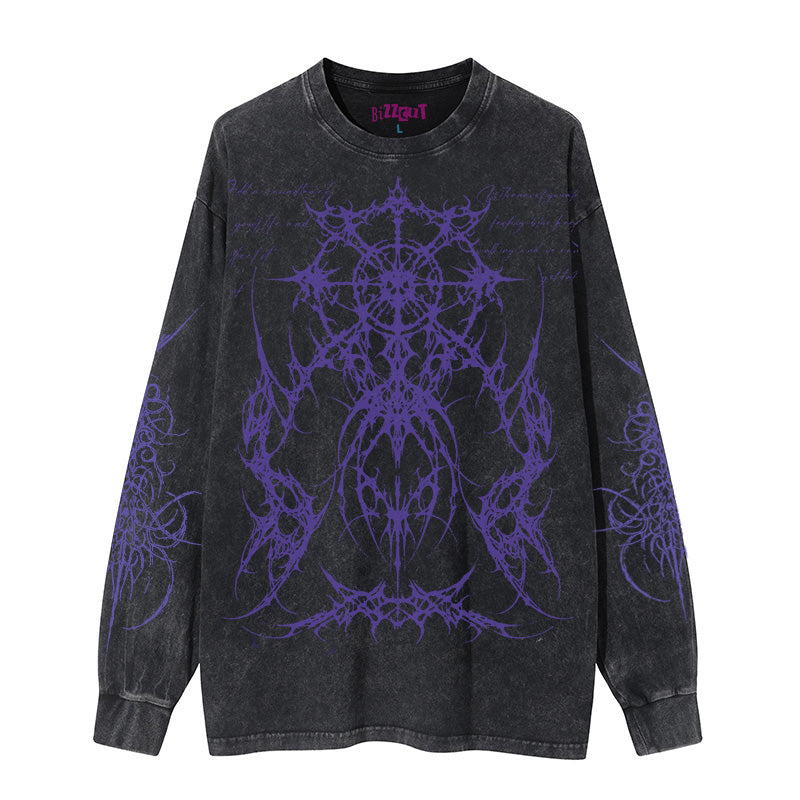 Totem Rock Design Oversize Washed Long Sleeve T-Shirt WN15899