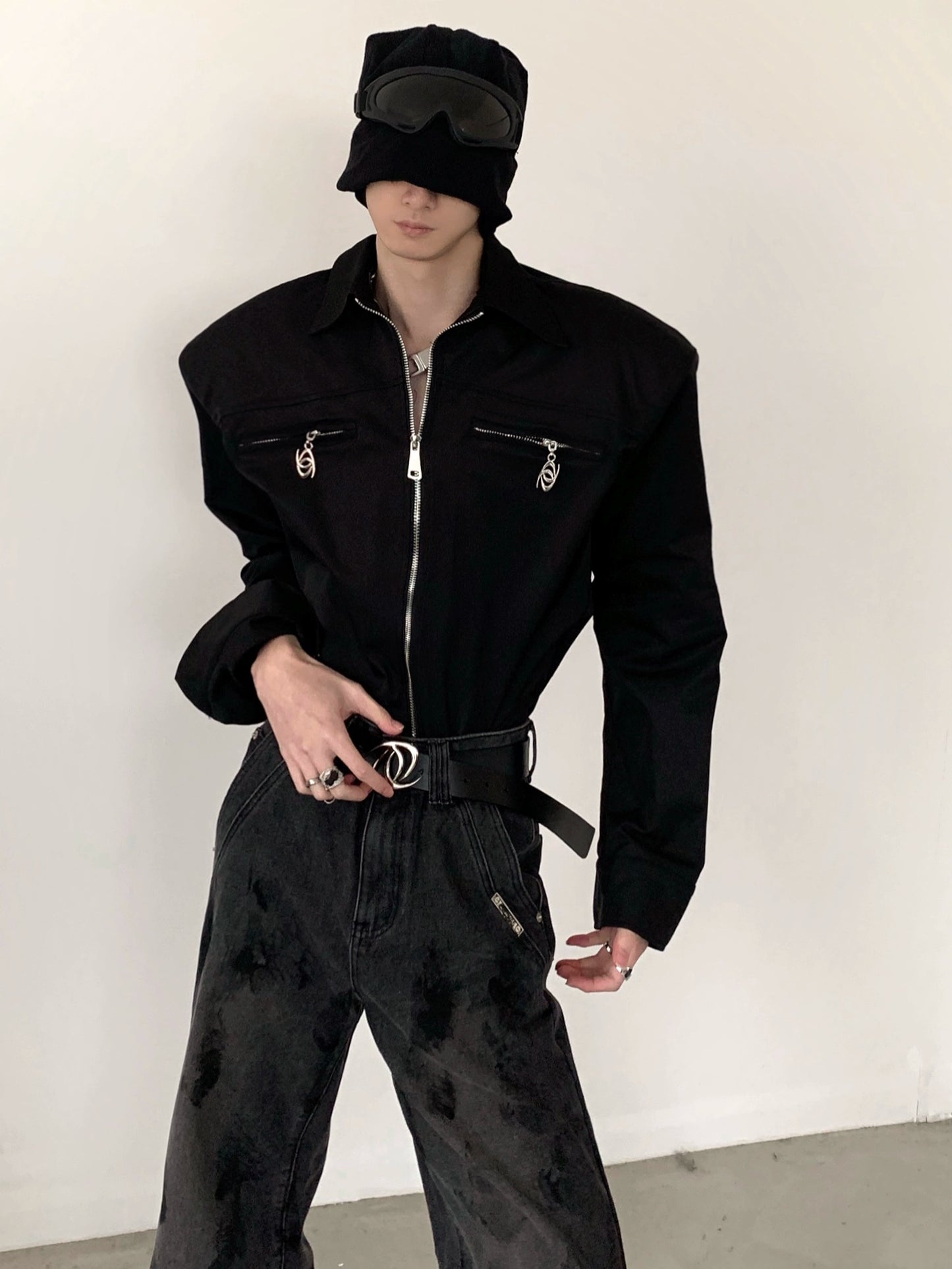Metal Zipper Design Shoulder Pad Long Sleeve Shirt WN5959