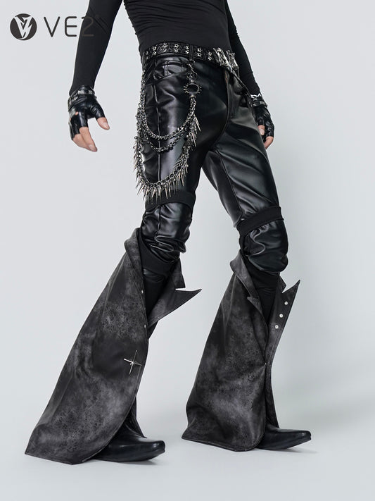Layered Flare Panel PU Leather Straight Pants & Layered Chain Belt WN24310