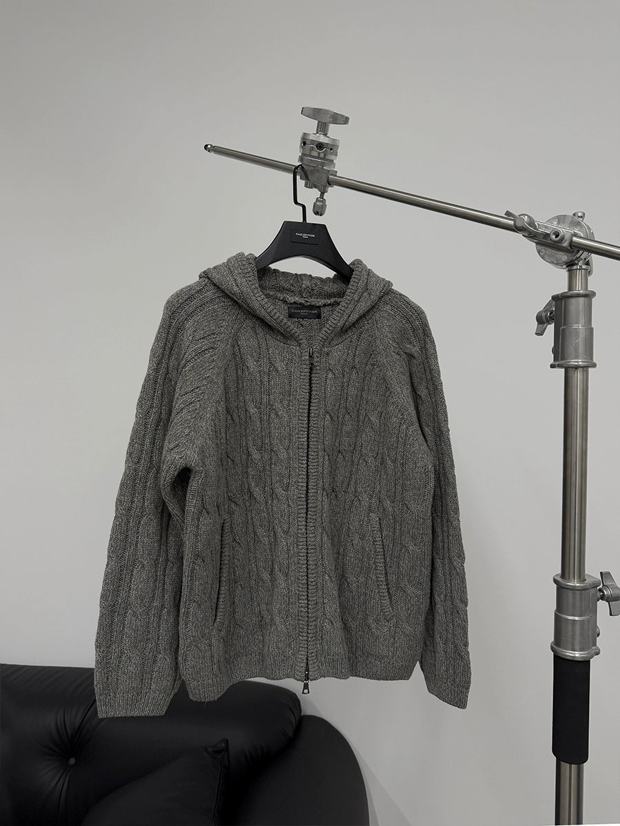 Zipper Cable Wave Knit Hooded Cardigan WN17693