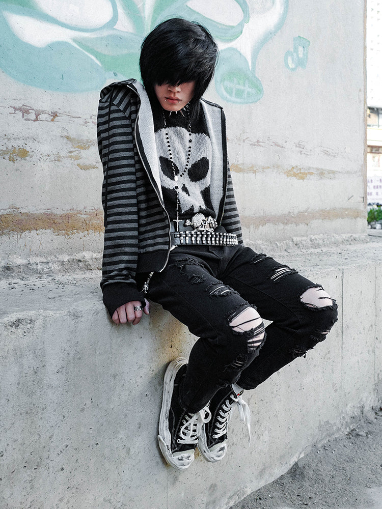 Skull Stripe Zipper Hoodie WN15940