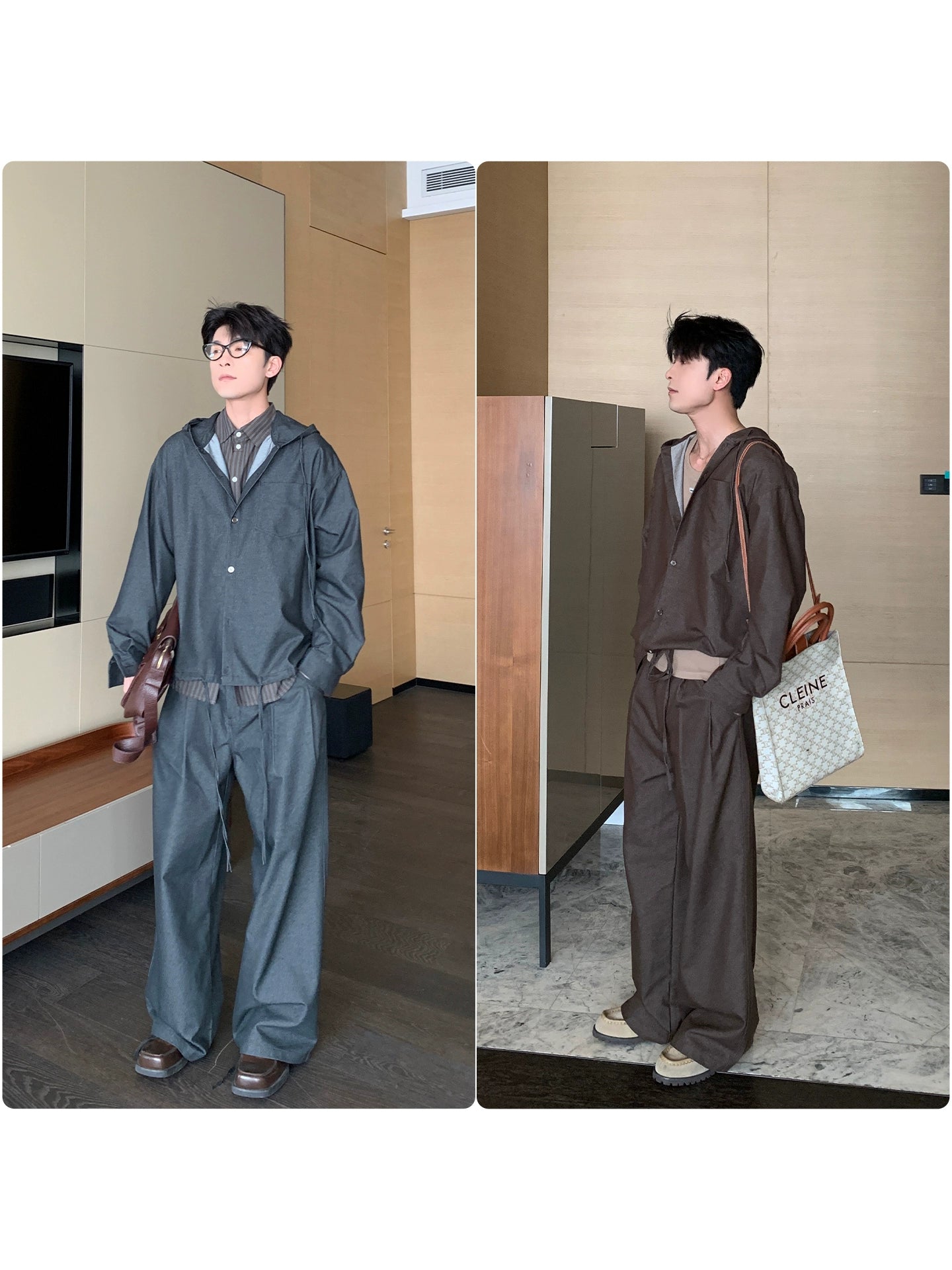 Hooded Long Sleeve Shirt & Wide Leg Pants Setup WN20480