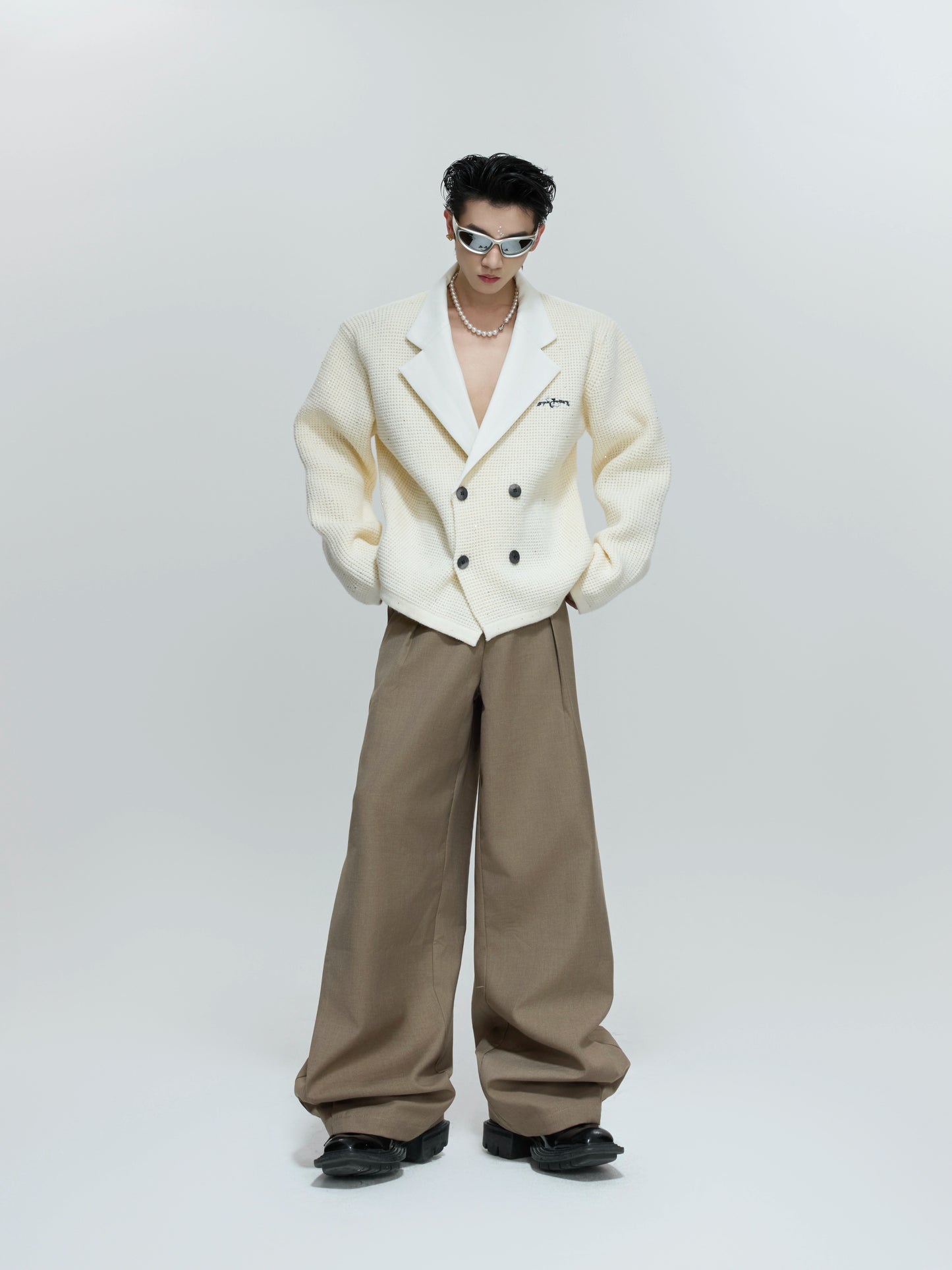 Sequin Textured Deep V Double-Breasted Knit Jacket WN21699