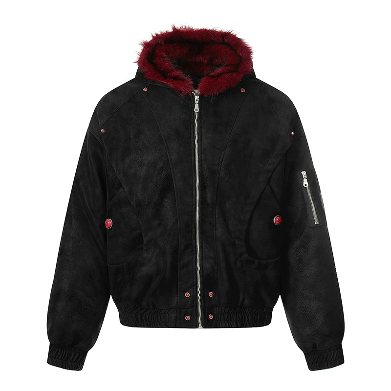 Colorblock Fake Fur-Collar Zipper Hooded Jacket WN22113