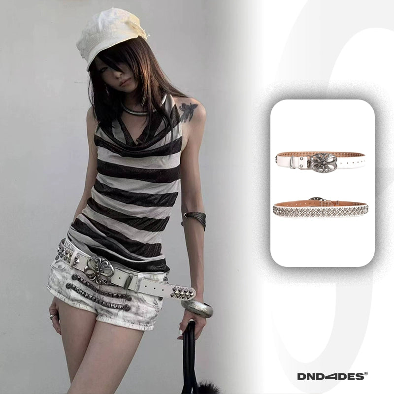 Carved Buckle Metal Studs Rhinestone Genuine Leather Belt WN17071