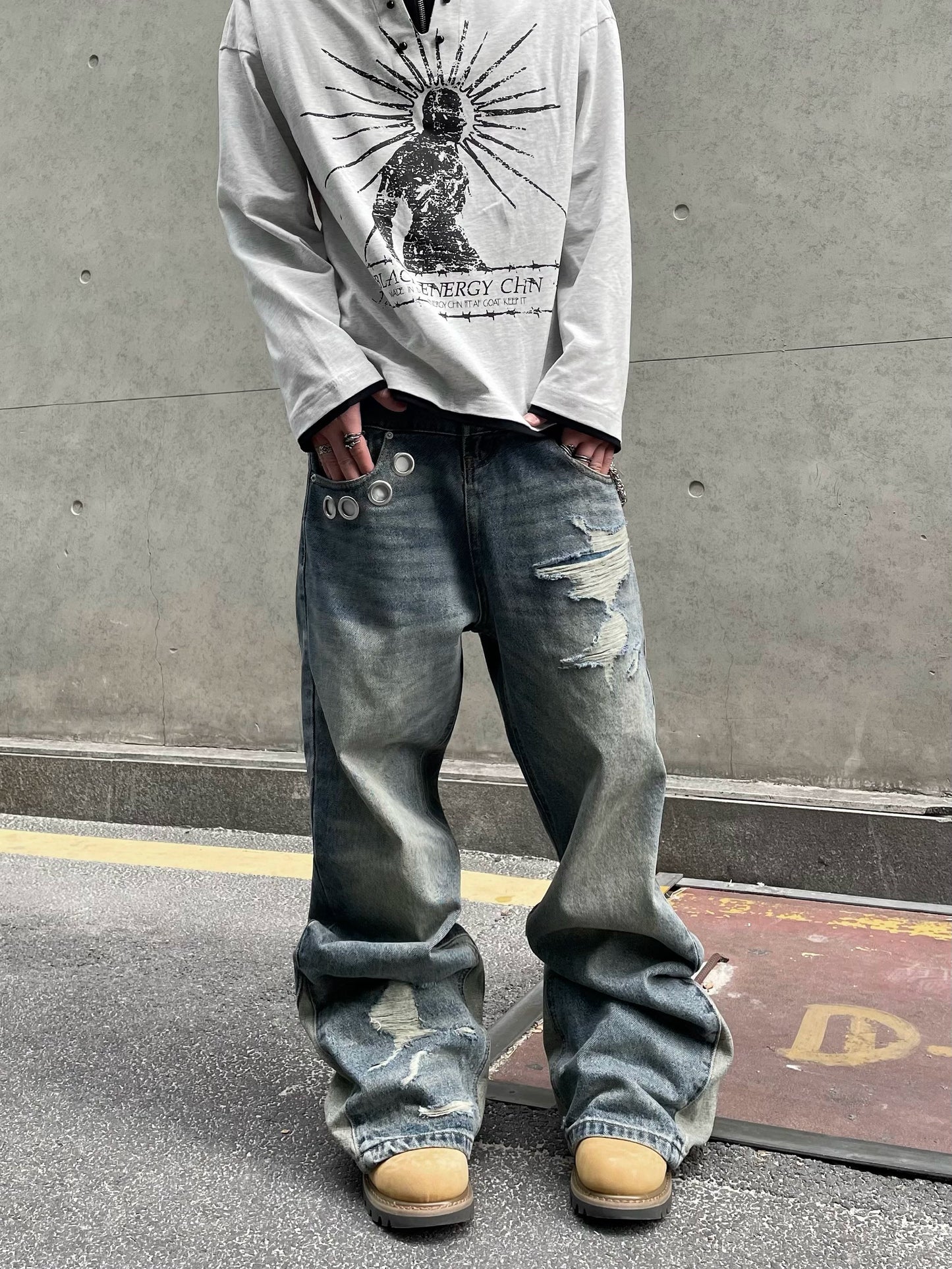 Paneled Cutout Flare Washed Denim Jeans WN12863