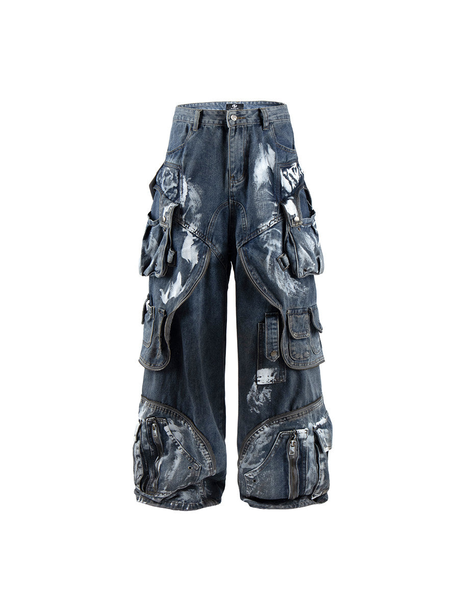 Deconstructed Layered Dirty Wash Wide Leg Cargo Denim Jeans WN24203