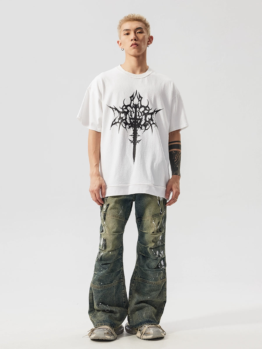 Graffiti Paint Wrinkle Stacked Micro Flare Denim Jeans WN17461