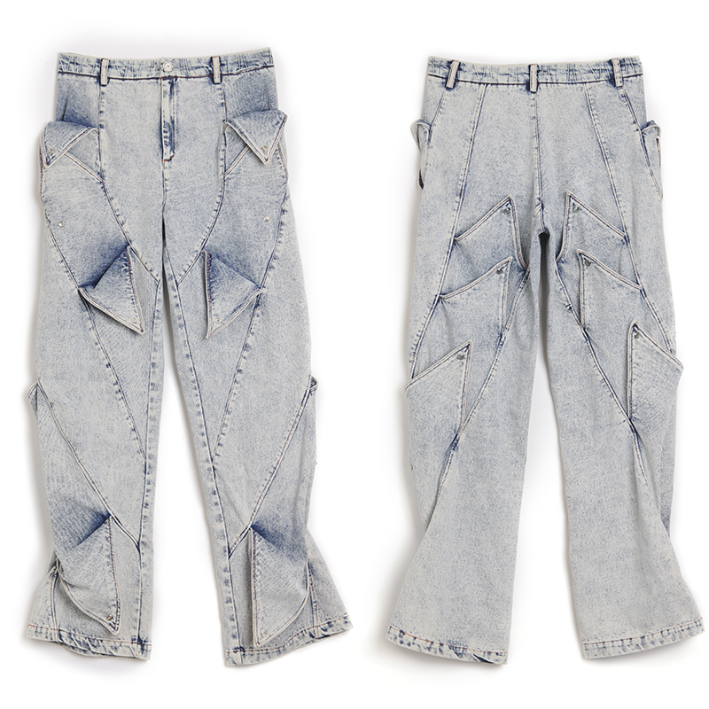 Deconstructed Washed Wide-Leg Straight Denim Jeans WN17076