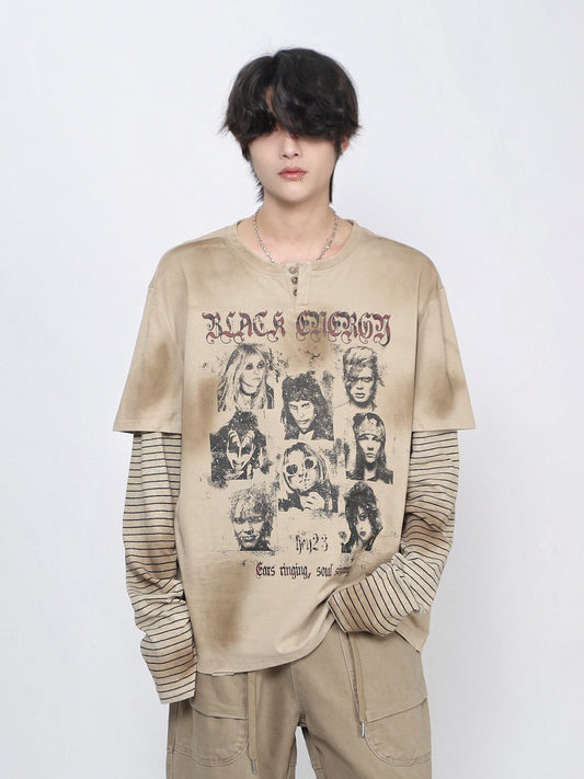 Oversize Portrait Graphic Fake Layered Long Sleeve T-Shirt WN24426