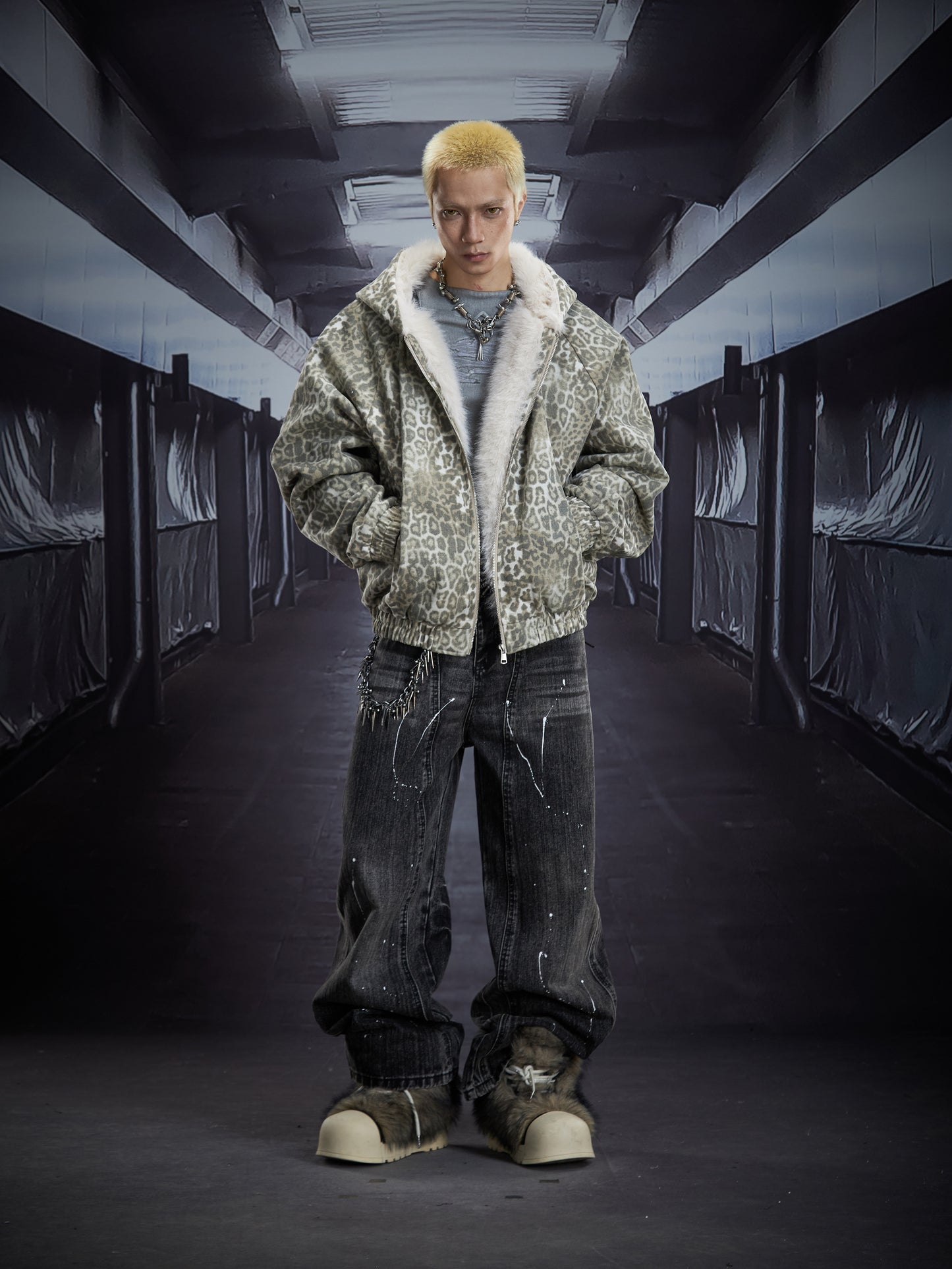 Leopard Print Fake Fur Hooded Padded Jacket WN22892