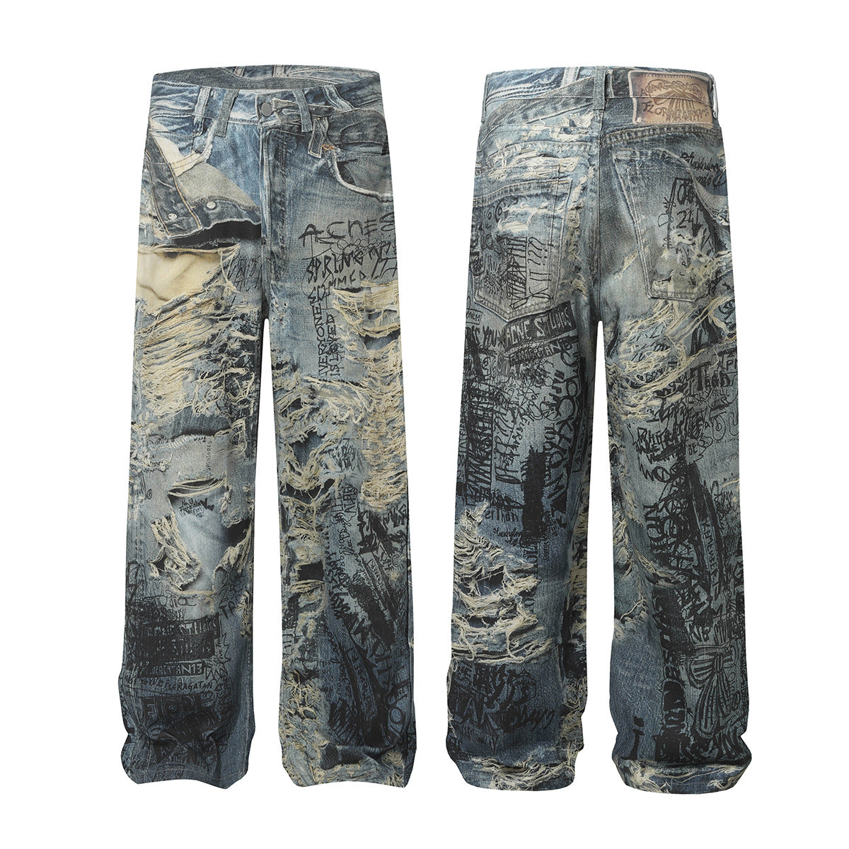 3D Graffiti Print Washed Wide Leg Denim Jeans WN18595