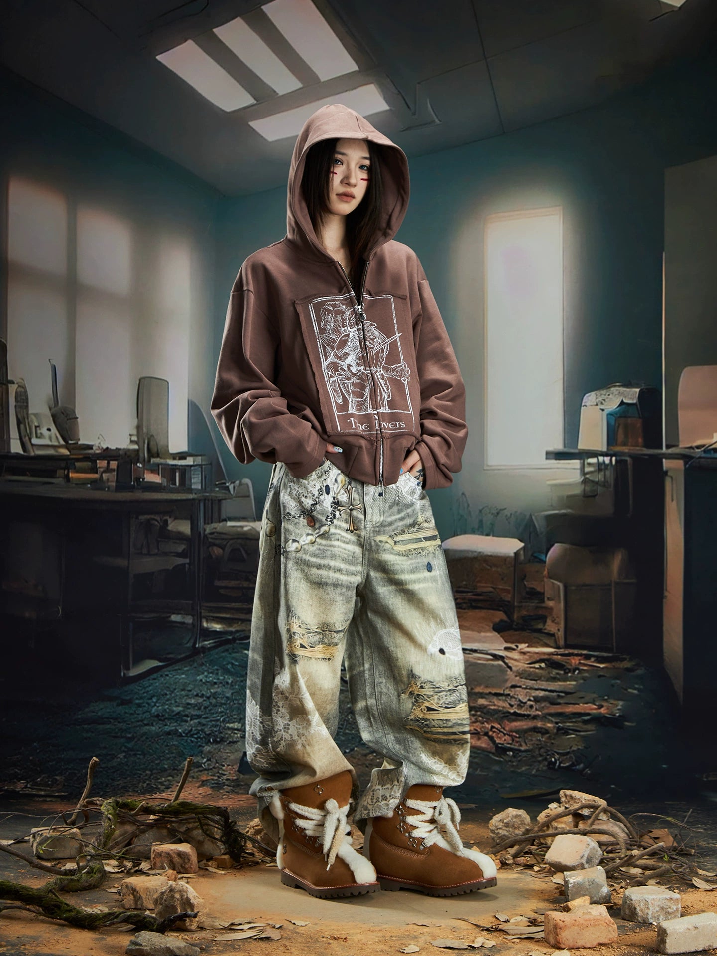 Print Short Slim Double Zipper Hoodie WN20577