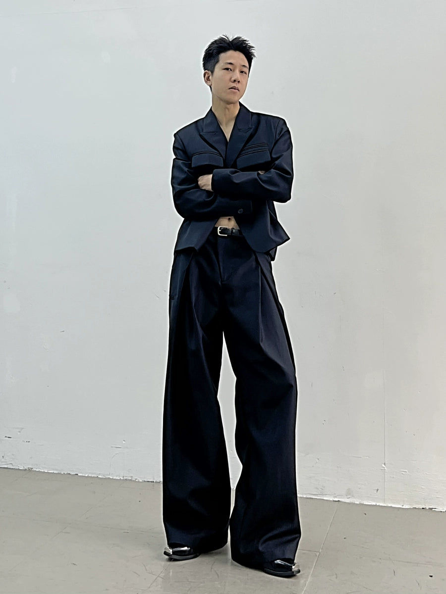 Shoulder-Pad Tailored Jacket & Wide-Leg Wrinkled Trousers Setup WN11665
