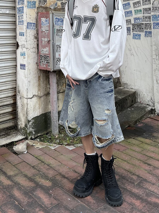 Cutout Damage Short Denim Jeans WN24247