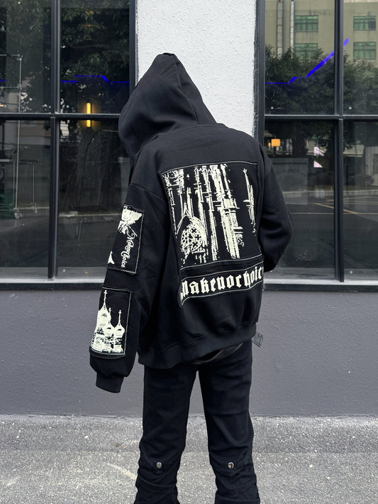 Illustration Patch Wash Damage Zipper Hoodie WN23009
