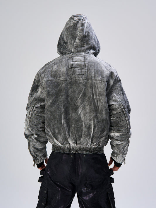 Mud Dye Pleats Hooded Denim Puffer Jacket WN27467